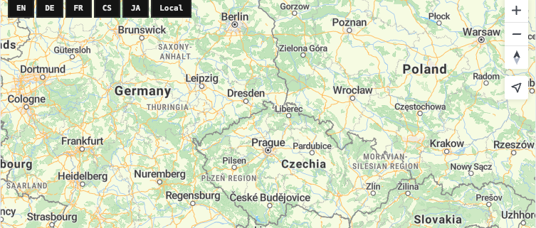 Central Europe map with EN, DE, FR, CS, and JA buttons for switching label language via setLanguage().