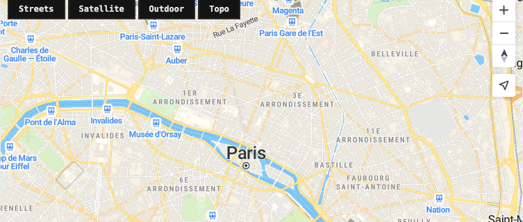 Paris map with Streets, Satellite, Outdoor, and Topo buttons for switching MapStyle in MapTiler SDK.