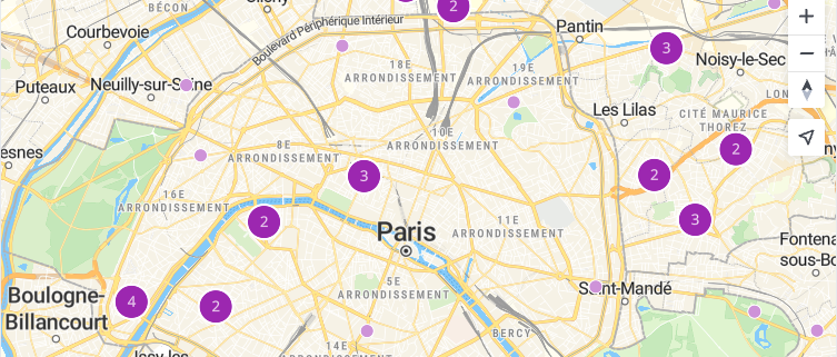 Paris region map with markers grouped into numbered clusters using MapTiler SDK's built-in clustering.