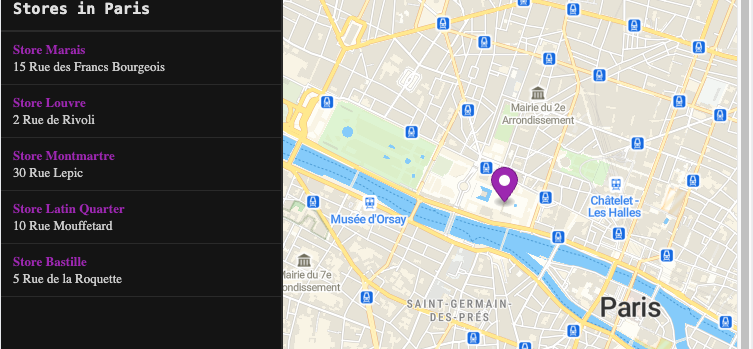 Paris store locator with a sidebar list of five shops and a matching map marker in MapTiler SDK.