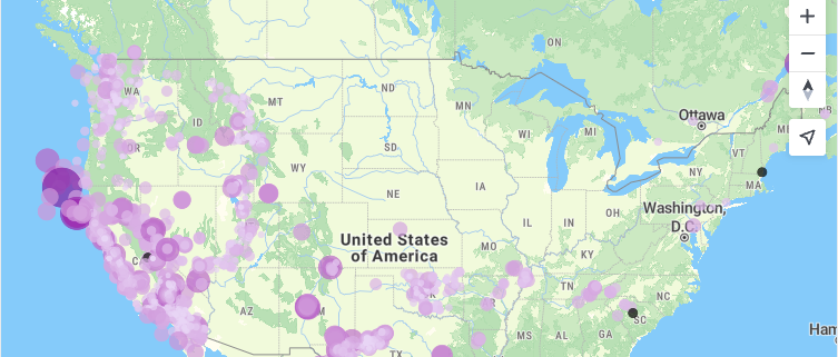 United States West Coast map with circles sized and colored by data value using MapTiler SDK expressions.