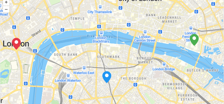 London map with red, green, and blue custom point icons styled with ol.style.Icon in OpenLayers.