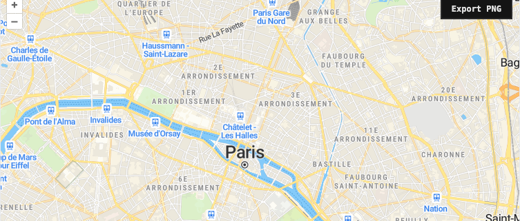 Paris map with an Export PNG button for saving the OpenLayers canvas as an image.