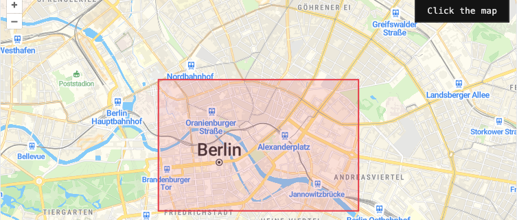 Berlin map with a red square geofence boundary and a Click the Map control in OpenLayers.