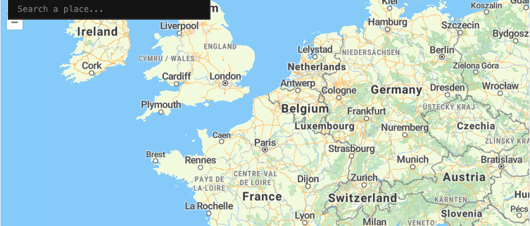 Western Europe map with a Search a Place box for forward geocoding in OpenLayers.