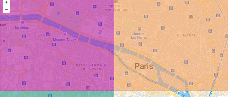 Paris map divided into four colored choropleth zones using an OpenLayers style function.