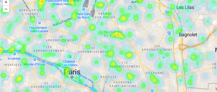 Paris map with a green-toned heatmap layer visualizing point density in OpenLayers.