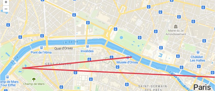 Paris map with two red LineString features branching from the Eiffel Tower area.