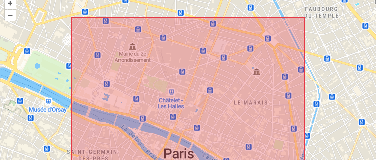 Paris map with a filled red polygon area rendered using OpenLayers vector styling.