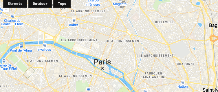 Paris map with Streets, Outdoor, and Topo buttons for switching MapTiler vector styles.