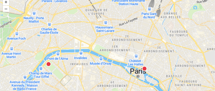 Paris map with two red circular OpenLayers markers and popups near the Eiffel Tower.