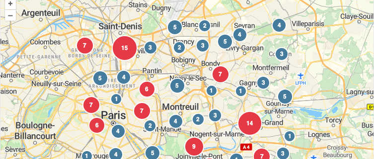 Paris region map with markers grouped into numbered clusters using ol.source.Cluster.