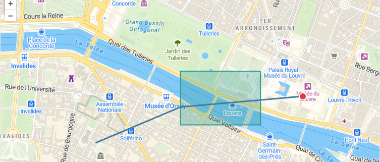 Paris map with a teal GeoJSON polygon feature loaded near the Louvre in OpenLayers.