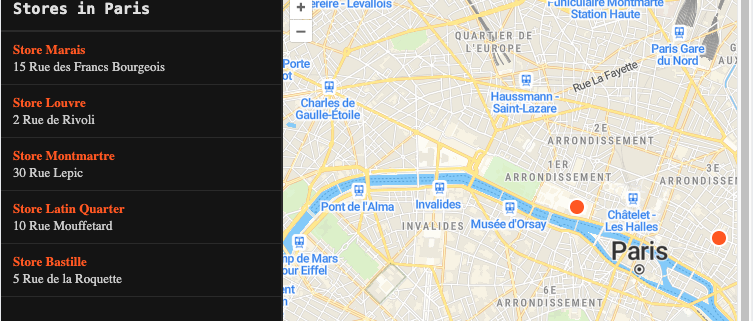 Paris store locator with a sidebar list of shops and orange map markers in OpenLayers.
