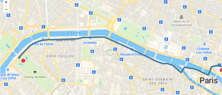 Paris map with a driving route traced along the Seine using the OSRM API and OpenLayers.