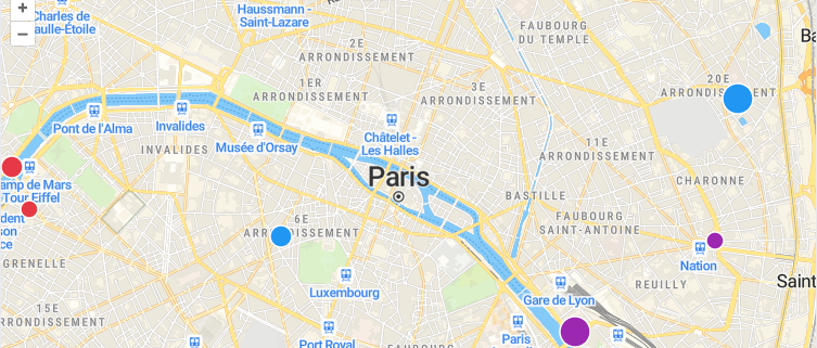 Paris map with circles of varying color and size styled by data property in OpenLayers.